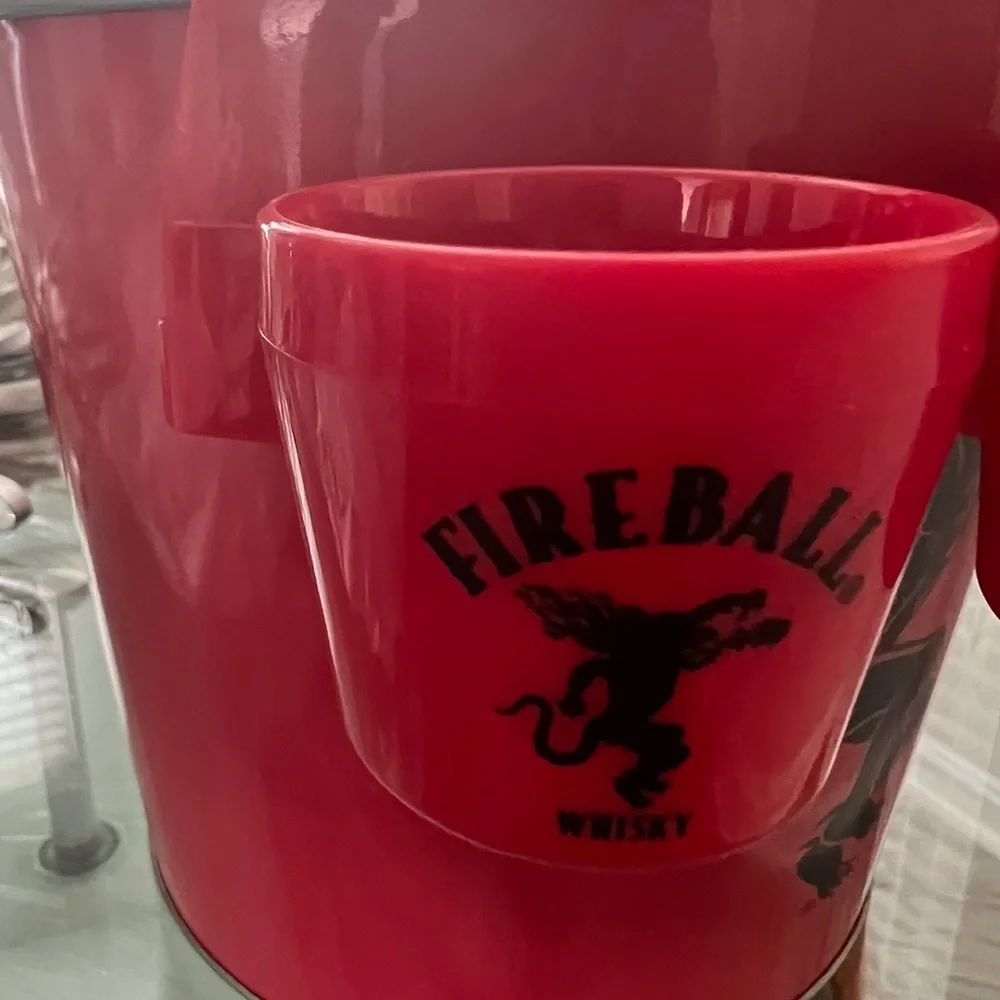 Fireball Red‎ Galvanized Metal Canister Bucket & 3 shot Fireball and T Shirt
